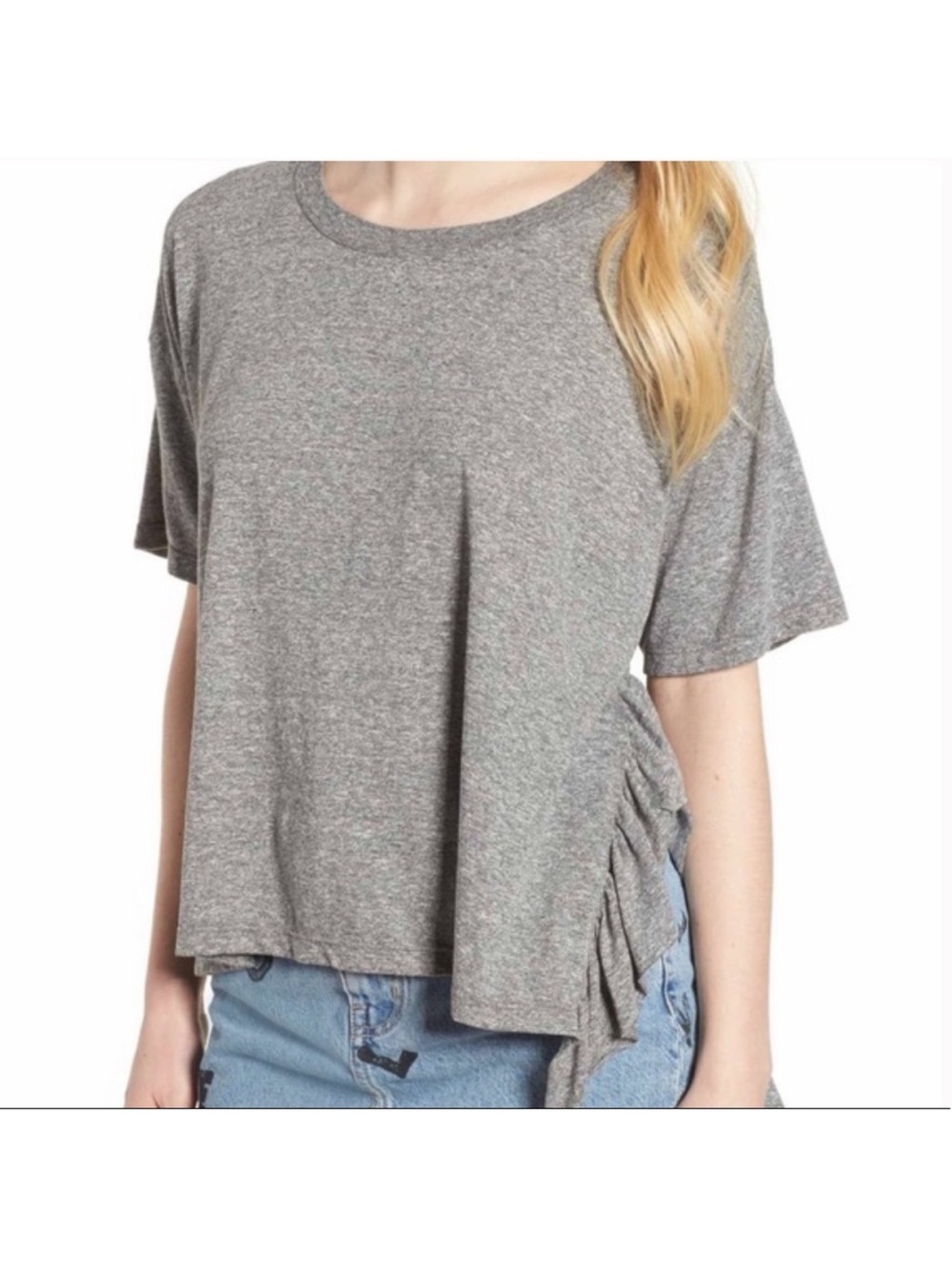 Current Elliott Top Womens 2 M Gray T-Shirt Short Sleeve Ruffles Relaxed Fit